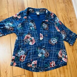 BonWorth Blue Floral Plaid Blouse